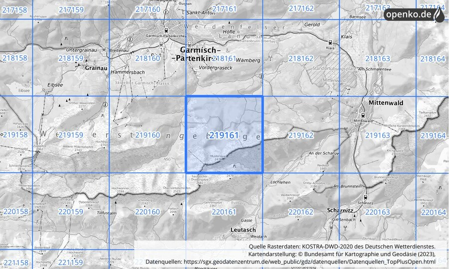 Übersichtskarte des KOSTRA-DWD-2020-Rasterfeldes Nr. 219161