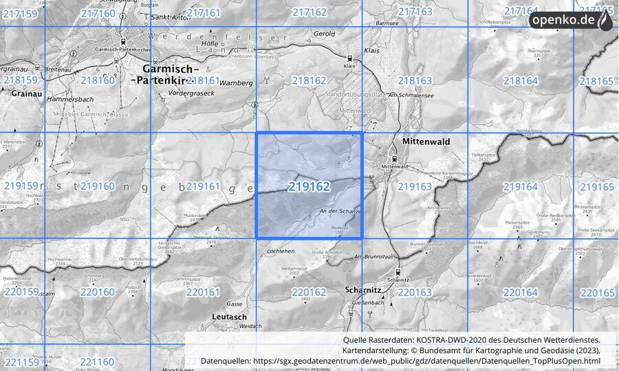 Übersichtskarte des KOSTRA-DWD-2020-Rasterfeldes Nr. 219162