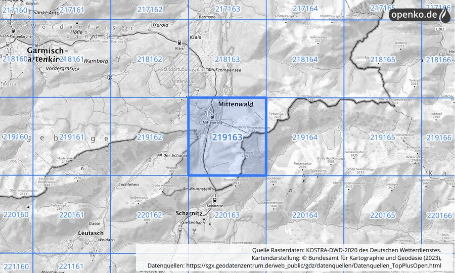 Übersichtskarte des KOSTRA-DWD-2020-Rasterfeldes Nr. 219163