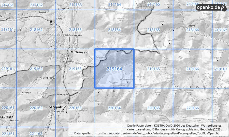 Übersichtskarte des KOSTRA-DWD-2020-Rasterfeldes Nr. 219164