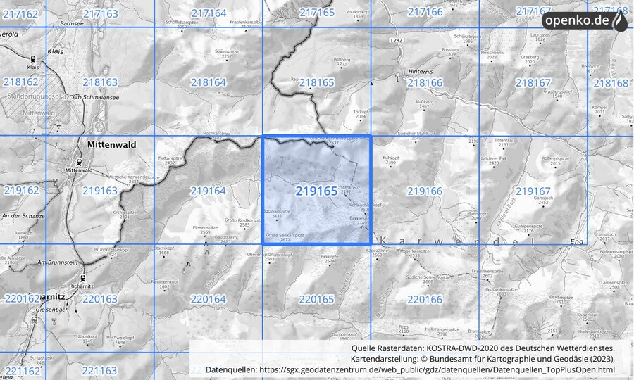 Übersichtskarte des KOSTRA-DWD-2020-Rasterfeldes Nr. 219165