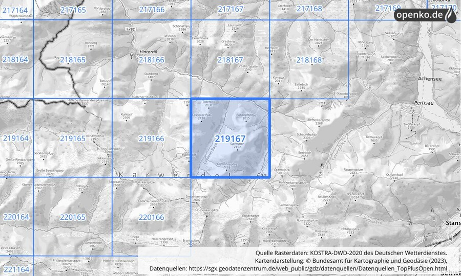 Übersichtskarte des KOSTRA-DWD-2020-Rasterfeldes Nr. 219167