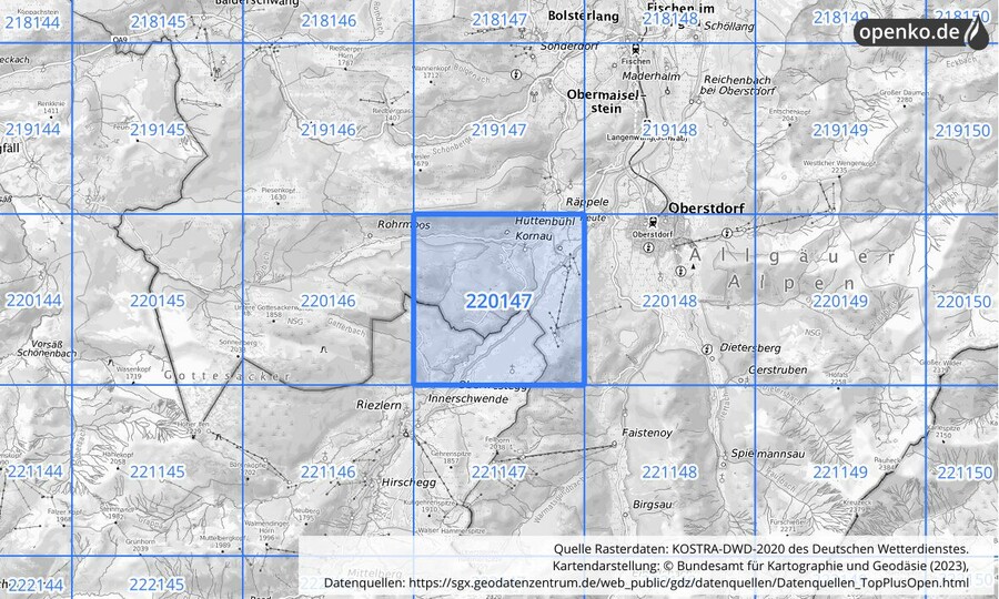 Übersichtskarte des KOSTRA-DWD-2020-Rasterfeldes Nr. 220147