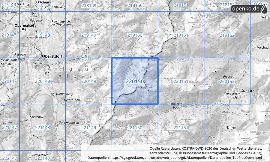 Übersichtskarte des KOSTRA-DWD-2020-Rasterfeldes Nr. 220150