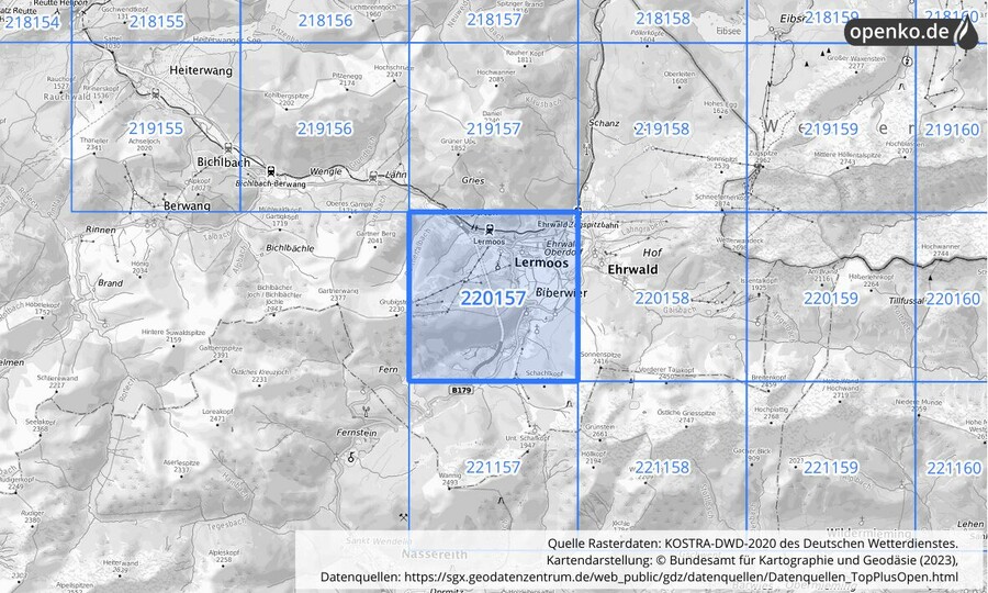 Übersichtskarte des KOSTRA-DWD-2020-Rasterfeldes Nr. 220157