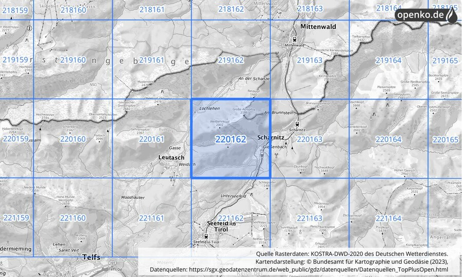 Übersichtskarte des KOSTRA-DWD-2020-Rasterfeldes Nr. 220162