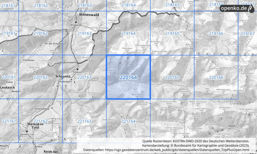 Übersichtskarte des KOSTRA-DWD-2020-Rasterfeldes Nr. 220164