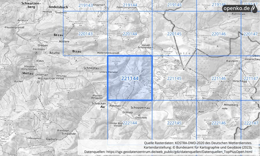 Übersichtskarte des KOSTRA-DWD-2020-Rasterfeldes Nr. 221144