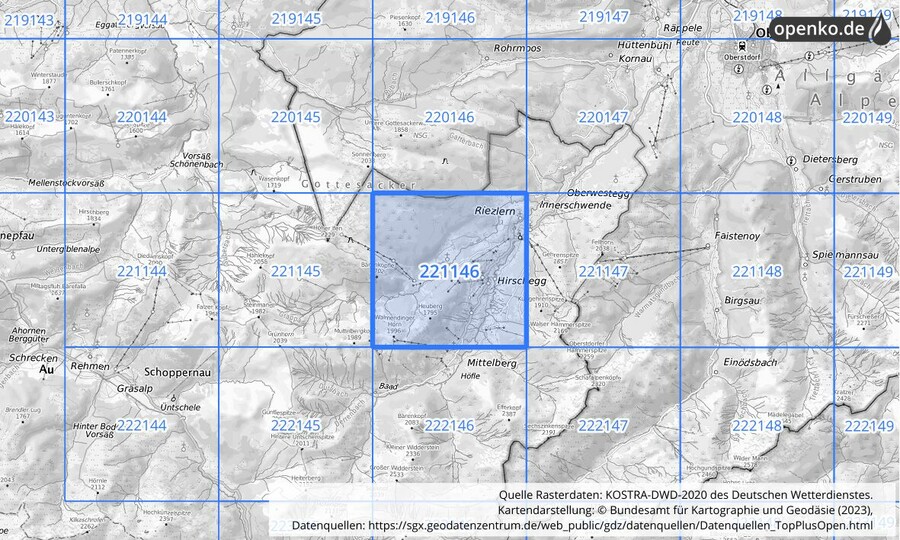 Übersichtskarte des KOSTRA-DWD-2020-Rasterfeldes Nr. 221146