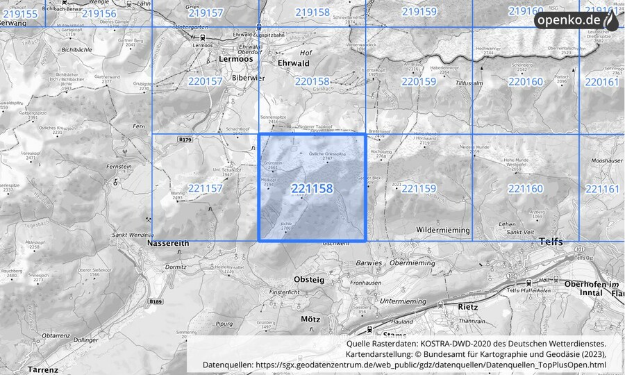 Übersichtskarte des KOSTRA-DWD-2020-Rasterfeldes Nr. 221158