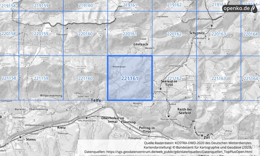 Übersichtskarte des KOSTRA-DWD-2020-Rasterfeldes Nr. 221161
