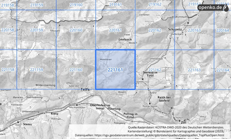 Übersichtskarte des KOSTRA-DWD-2020-Rasterfeldes Nr. 221161