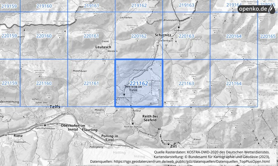 Übersichtskarte des KOSTRA-DWD-2020-Rasterfeldes Nr. 221162