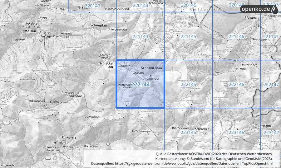Übersichtskarte des KOSTRA-DWD-2020-Rasterfeldes Nr. 222144