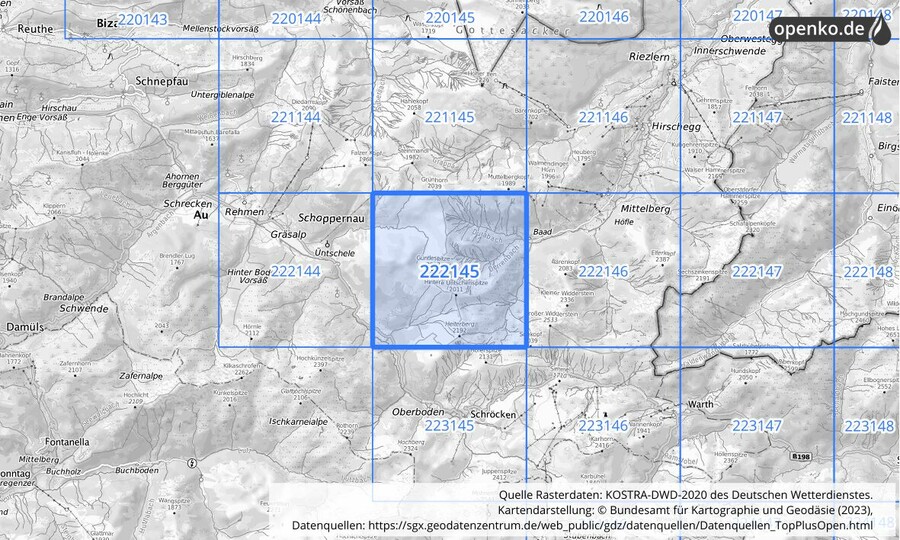 Übersichtskarte des KOSTRA-DWD-2020-Rasterfeldes Nr. 222145