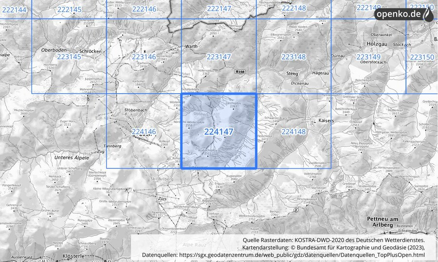 Übersichtskarte des KOSTRA-DWD-2020-Rasterfeldes Nr. 224147