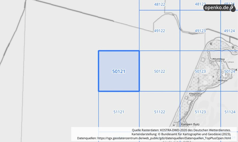 Übersichtskarte des KOSTRA-DWD-2020-Rasterfeldes Nr. 50121