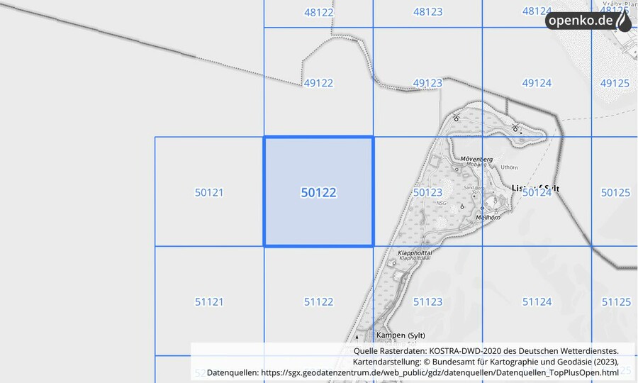 Übersichtskarte des KOSTRA-DWD-2020-Rasterfeldes Nr. 50122