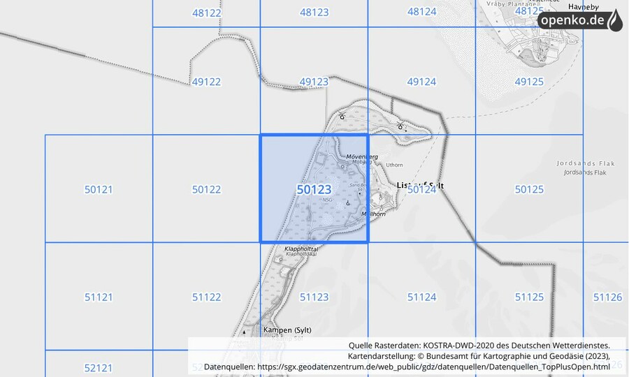 Übersichtskarte des KOSTRA-DWD-2020-Rasterfeldes Nr. 50123