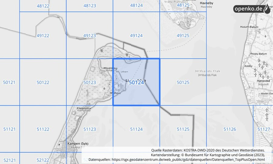 Übersichtskarte des KOSTRA-DWD-2020-Rasterfeldes Nr. 50124