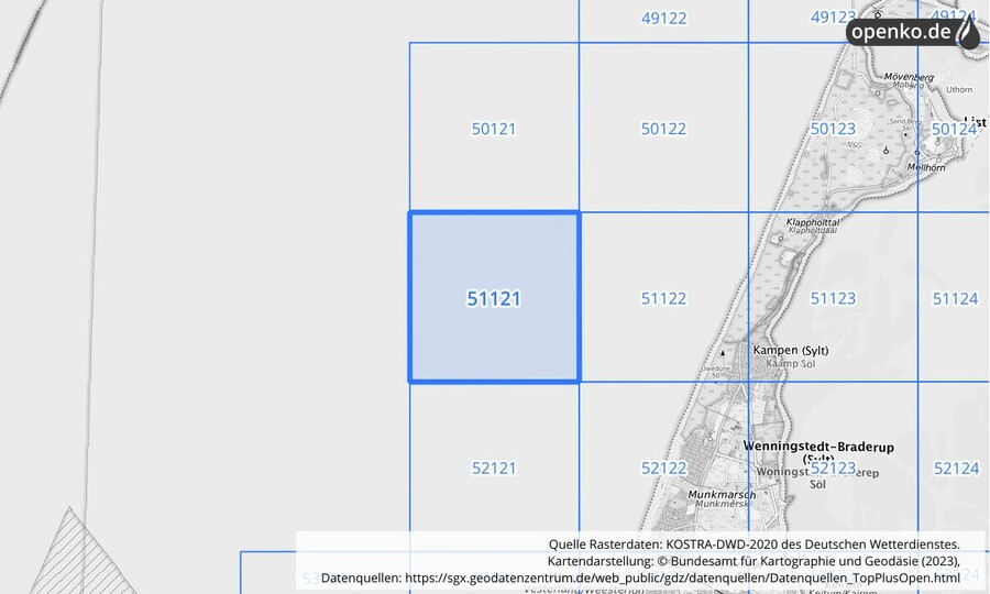 Übersichtskarte des KOSTRA-DWD-2020-Rasterfeldes Nr. 51121