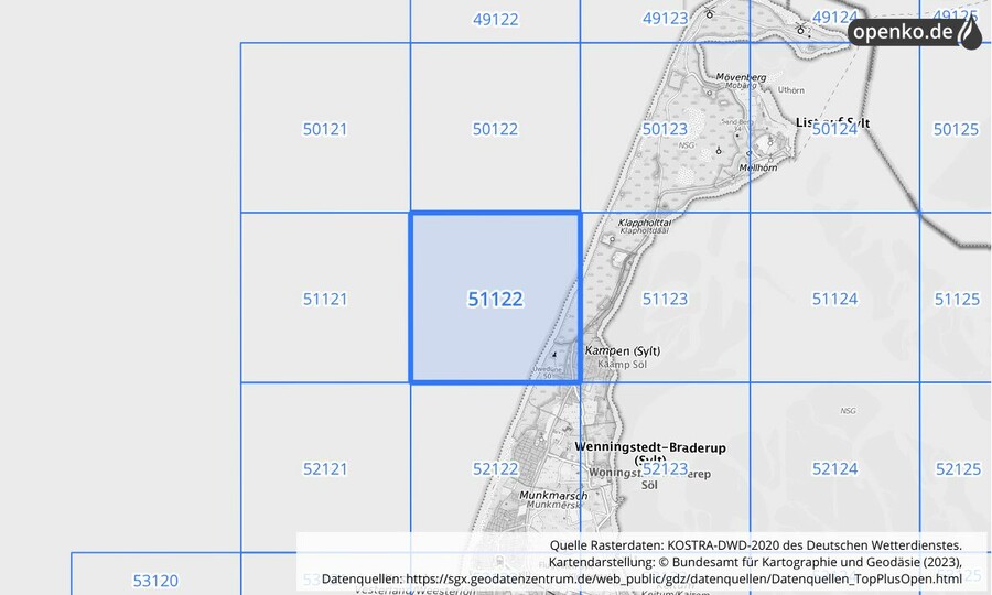 Übersichtskarte des KOSTRA-DWD-2020-Rasterfeldes Nr. 51122