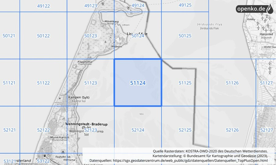 Übersichtskarte des KOSTRA-DWD-2020-Rasterfeldes Nr. 51124