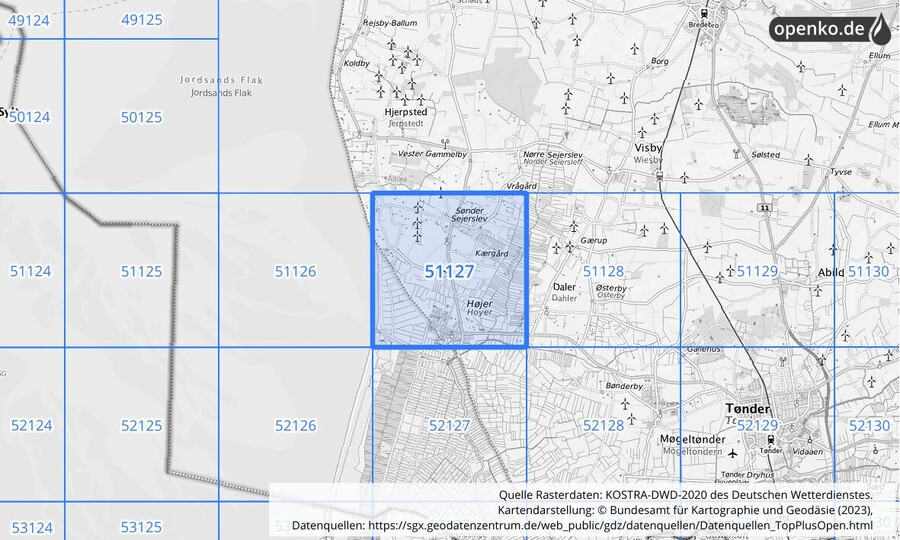 Übersichtskarte des KOSTRA-DWD-2020-Rasterfeldes Nr. 51127