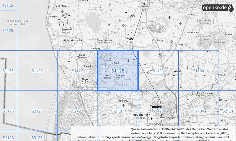 Übersichtskarte des KOSTRA-DWD-2020-Rasterfeldes Nr. 51128