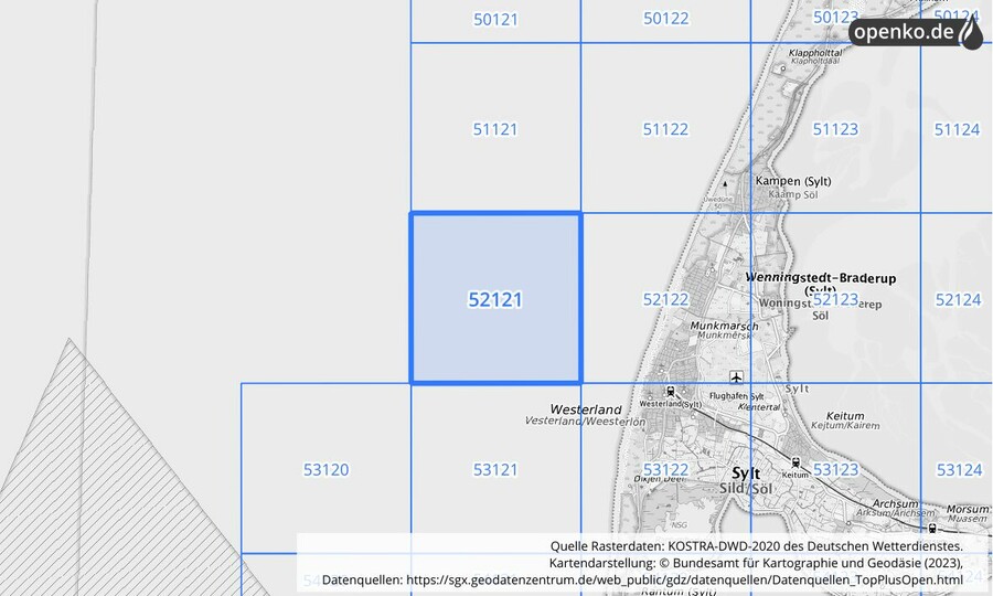 Übersichtskarte des KOSTRA-DWD-2020-Rasterfeldes Nr. 52121