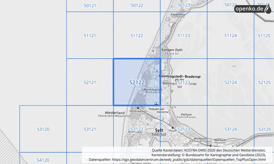 Übersichtskarte des KOSTRA-DWD-2020-Rasterfeldes Nr. 52122