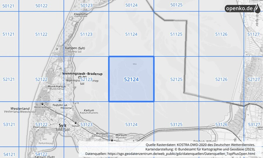 Übersichtskarte des KOSTRA-DWD-2020-Rasterfeldes Nr. 52124
