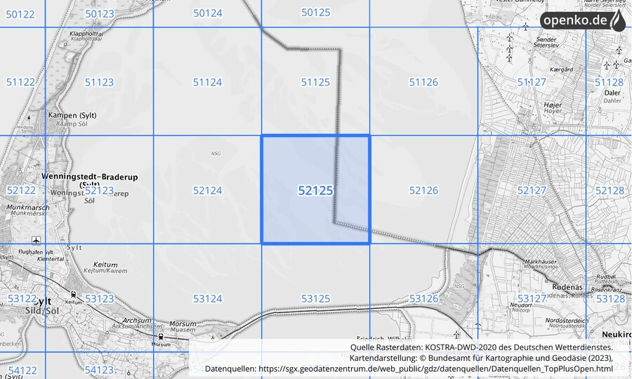 Übersichtskarte des KOSTRA-DWD-2020-Rasterfeldes Nr. 52125