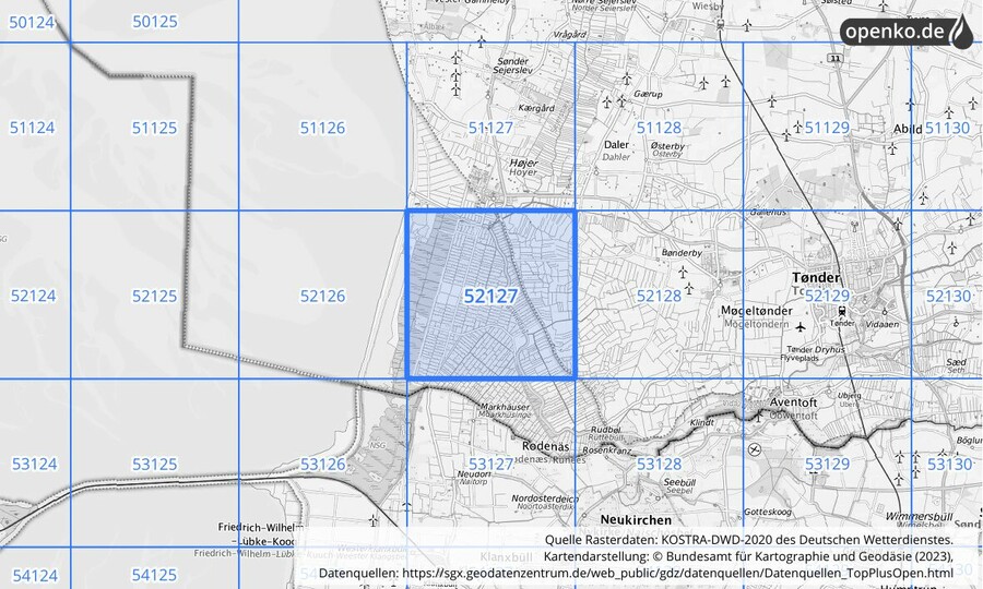 Übersichtskarte des KOSTRA-DWD-2020-Rasterfeldes Nr. 52127