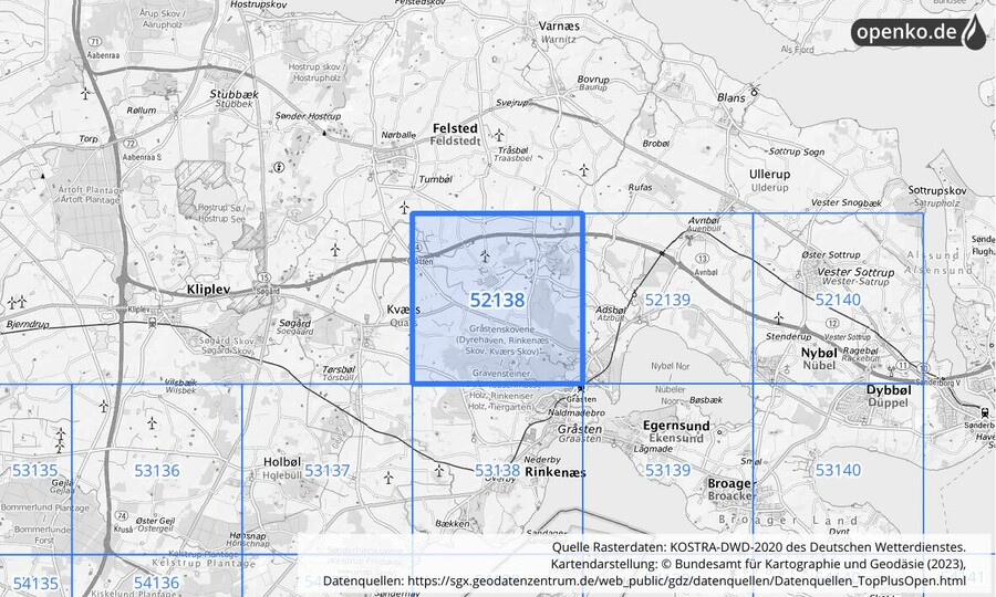 Übersichtskarte des KOSTRA-DWD-2020-Rasterfeldes Nr. 52138