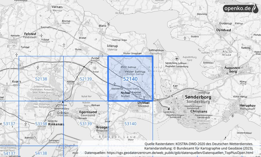 Übersichtskarte des KOSTRA-DWD-2020-Rasterfeldes Nr. 52140