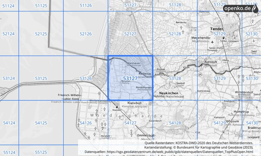 Übersichtskarte des KOSTRA-DWD-2020-Rasterfeldes Nr. 53127