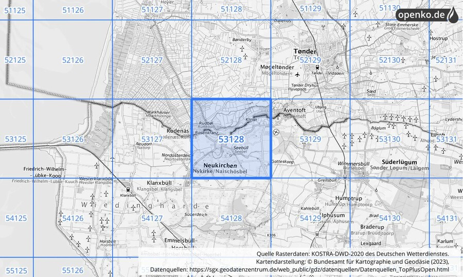 Übersichtskarte des KOSTRA-DWD-2020-Rasterfeldes Nr. 53128