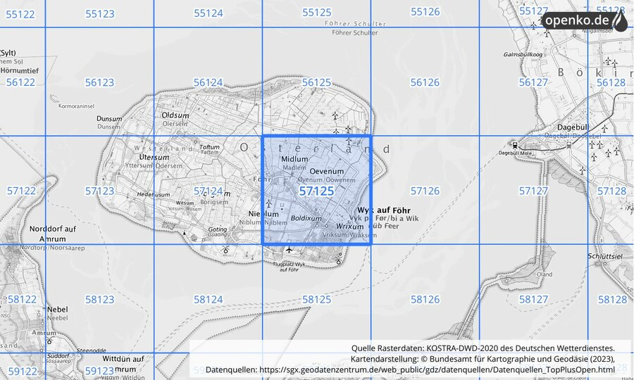 Übersichtskarte des KOSTRA-DWD-2020-Rasterfeldes Nr. 57125