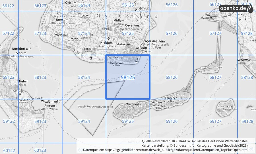Übersichtskarte des KOSTRA-DWD-2020-Rasterfeldes Nr. 58125