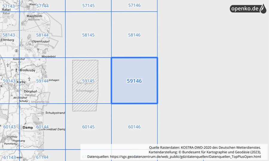 Übersichtskarte des KOSTRA-DWD-2020-Rasterfeldes Nr. 59146
