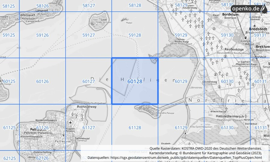Übersichtskarte des KOSTRA-DWD-2020-Rasterfeldes Nr. 60128