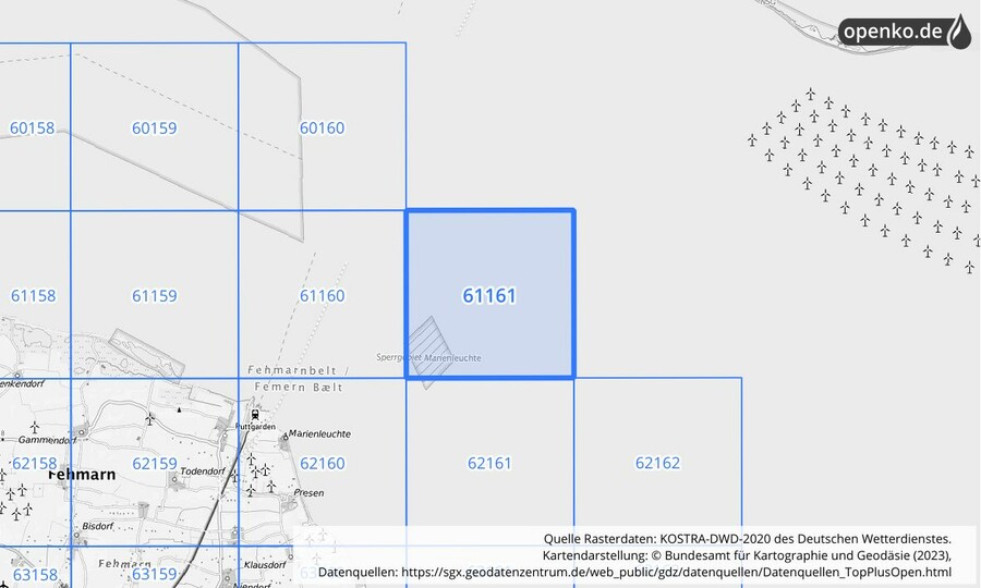 Übersichtskarte des KOSTRA-DWD-2020-Rasterfeldes Nr. 61161 Übersichtskarte des KOSTRA-DWD-2020-Rasterfeldes Nr. 61161