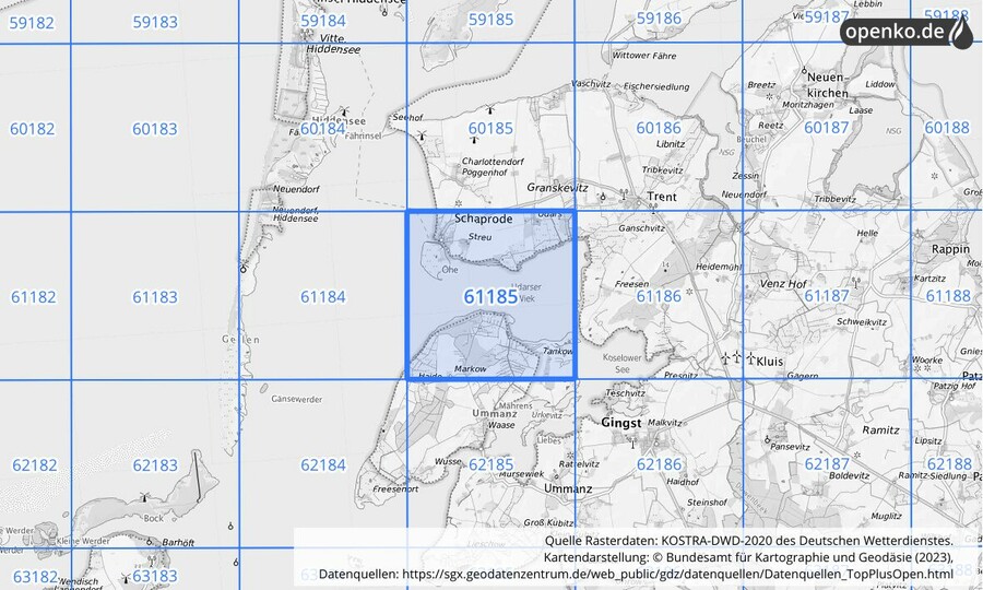 Übersichtskarte des KOSTRA-DWD-2020-Rasterfeldes Nr. 61185