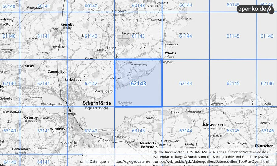 Übersichtskarte des KOSTRA-DWD-2020-Rasterfeldes Nr. 62143