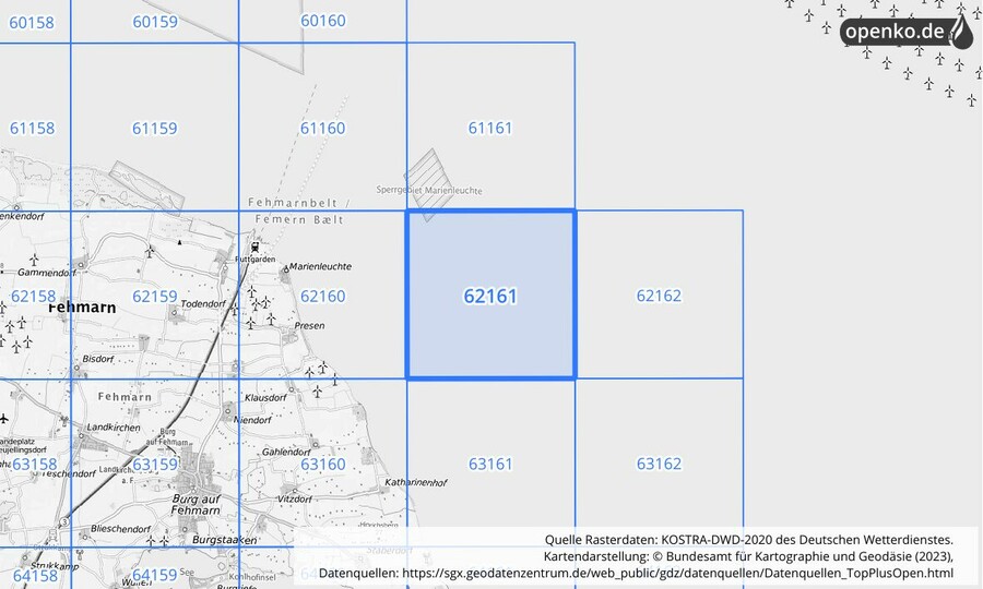 Übersichtskarte des KOSTRA-DWD-2020-Rasterfeldes Nr. 62161 Übersichtskarte des KOSTRA-DWD-2020-Rasterfeldes Nr. 62161