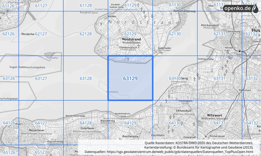 Übersichtskarte des KOSTRA-DWD-2020-Rasterfeldes Nr. 63129