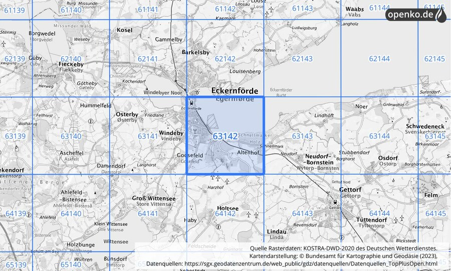 Übersichtskarte des KOSTRA-DWD-2020-Rasterfeldes Nr. 63142