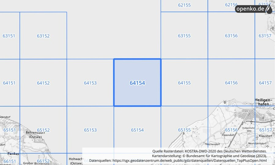 Übersichtskarte des KOSTRA-DWD-2020-Rasterfeldes Nr. 64154 Übersichtskarte des KOSTRA-DWD-2020-Rasterfeldes Nr. 64154