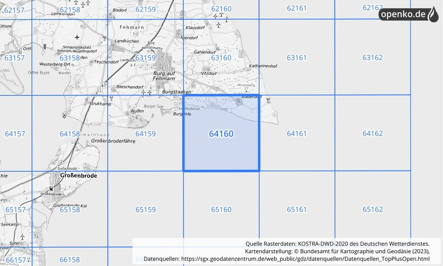 Übersichtskarte des KOSTRA-DWD-2020-Rasterfeldes Nr. 64160 Übersichtskarte des KOSTRA-DWD-2020-Rasterfeldes Nr. 64160